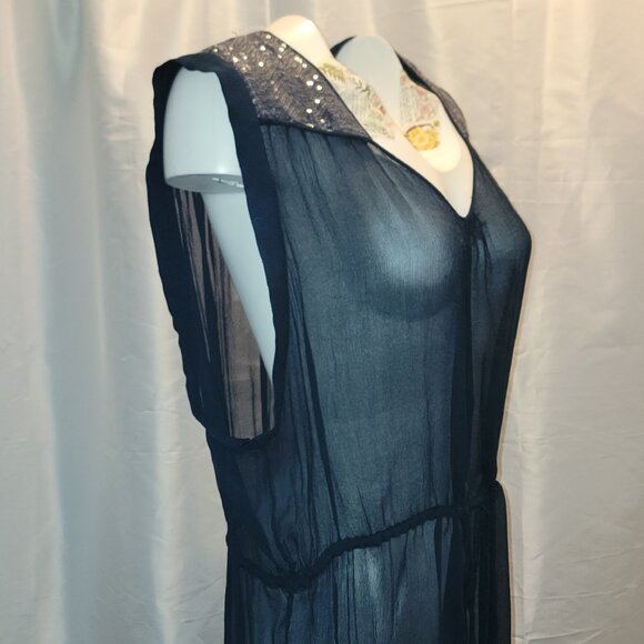Sachin + Babi for Ankasa Women's Size 10 Silk Top Navy Sheer Sequin Shoulder - Picture 3 of 8